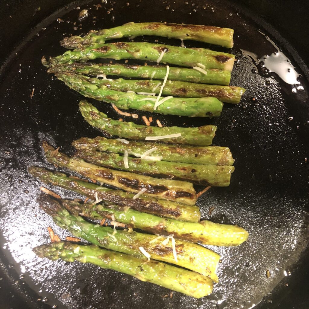 zesty asparagus in a cast iron skillet