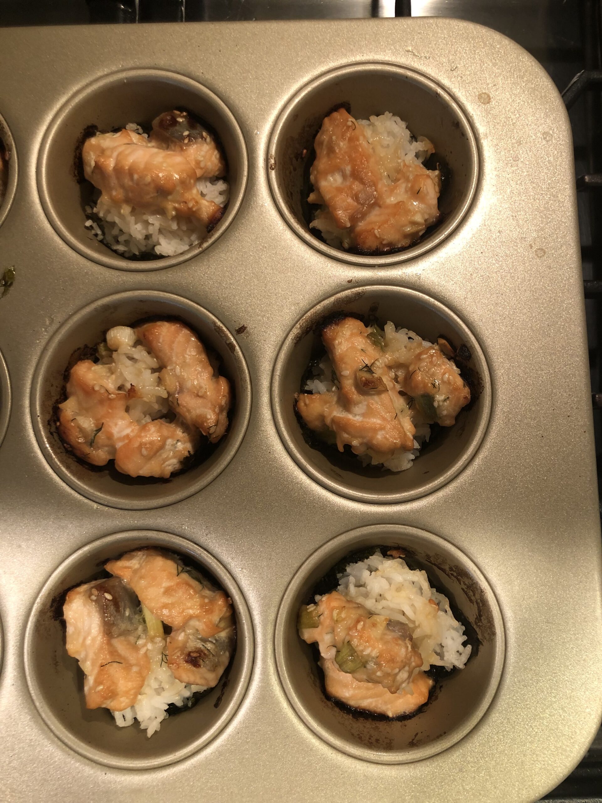 baked salmon cups in a muffin tin