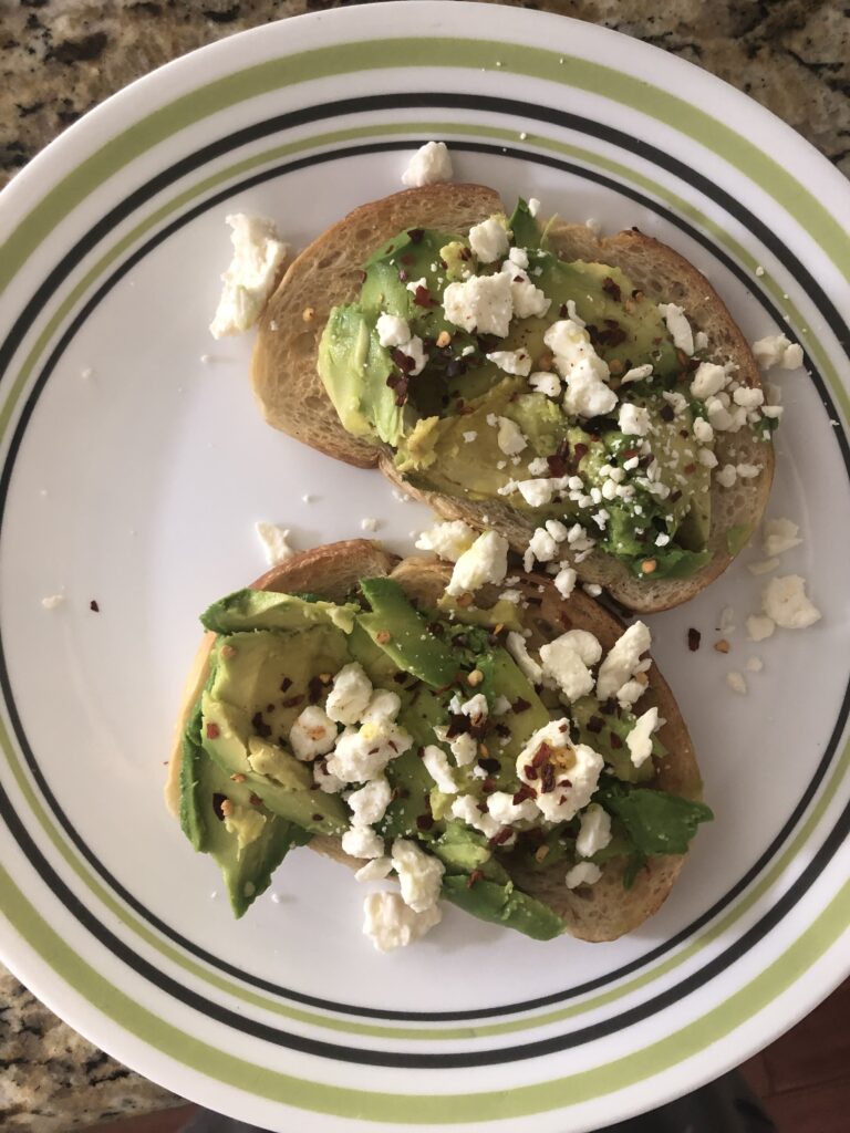 avocado toast with feta and red pepper